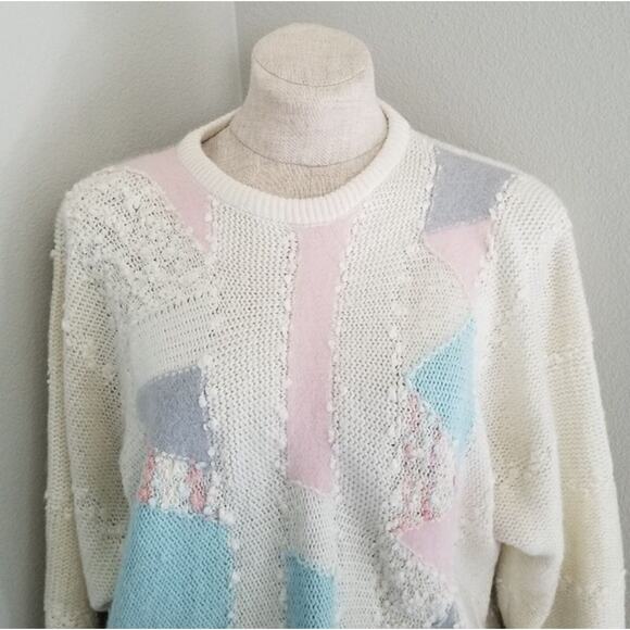 Vintage Lady Lilly White, Pink & Blue Knit Sweater - Picture 3 of 9